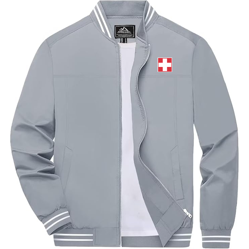 Men'sSwitzerland National Football Soccer Team Lightweight Zip-Up Bomber Jacket  Ribbed Collar and Cuffs Outerwear